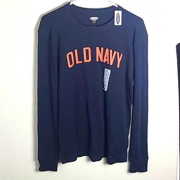 Old Navy Navy Blue Longsleeve Ribbed T-Shirt, Orange Old Navy on Front, Sz M,NWT - Picture 1 of 8